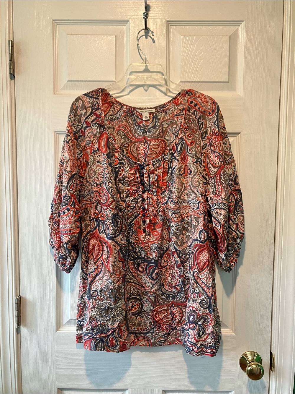 Banana Republic Red and Navy Paisley Peasant Blouse 100% silk xl